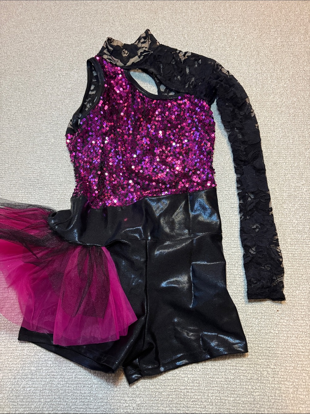 Kids One-Shoulder Dance Costume with Fuchsia Sequins and Black Lace